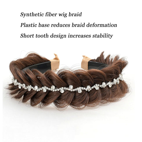 Wide Fishtail Braid Braided Headband, Crystal Deco Style Messy Hoop Elastic Non-slip Band for Women and Girls