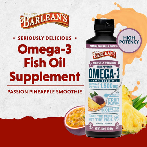 Barlean's Passion Pineapple Omega 3 Fish Oil Liquid Supplement, 1500mg EPA & DHA, 16 oz