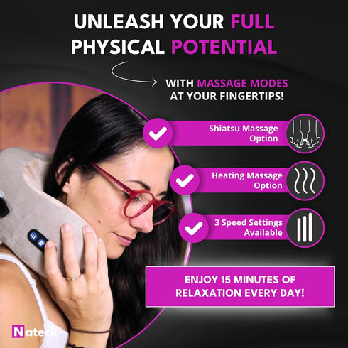 Nateck Cervical and Neck Massager | Pillow Portable Heated Massage Ideal for Travel, Relaxation and Office | Kneading
