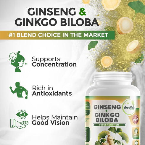 Ginkgo Biloba & Panax Ginseng Supplement, Red Ginseng Brain Supplement for Memory, 60 Tablets