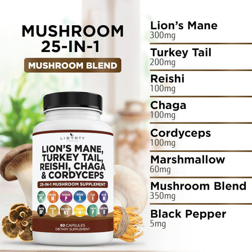Lions Mane 3000mg 20in1 Mushroom Supplement - Turkey Tail 2000mg, Reishi 1000mg, Cordyceps, Chaga 1000mg - 3 Pack