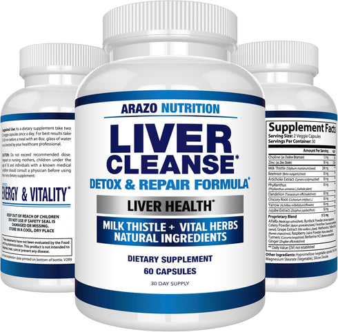 Arazo Nutrition Liver Cleanse Detox & Repair Formula – Milk Thistle Herbal Support Supplement with Silymarin, Beet,