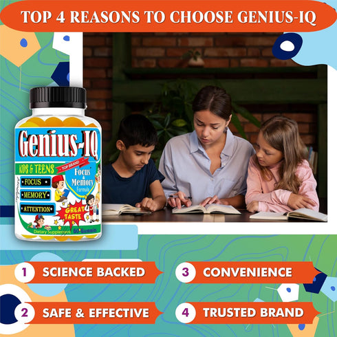 Genius IQ Kids Brain Supplements for Memory and Focus, Omega 3-6-9 Gummy Vitamins, 60 Gummies