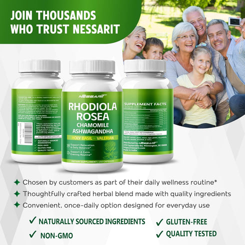 NESSARIT 11-in-1 150 Count RHODIOLA ROSEA Supplement- Natural Blend with Chamomile L-Theanine Ashwagandha Holy Basil