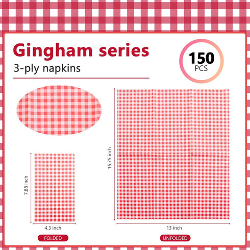 WDF 150 Pack Red Gingham Napkins, 3 Ply Disposable Red and White Checkered Guest Napkins