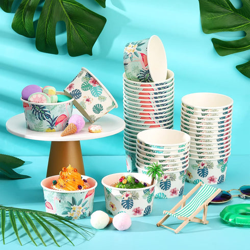 Hawaiian Summer Party Supplies Ice Cream Bowls Disposable Treat Snack Cups 8 oz Paper Yogurt Dessert Bowls for Sundae Soup Candy Hot or Cold Food Party Supplies(Classic Pattern,60 Count) by Yetene