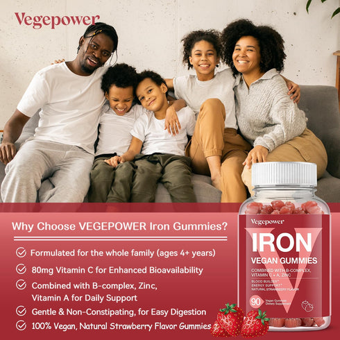 Iron Gummies for Women & Kids - Blood Builder with Vitamin C for Max Absorption, Vegan Strawberry Flavor - 90 Count