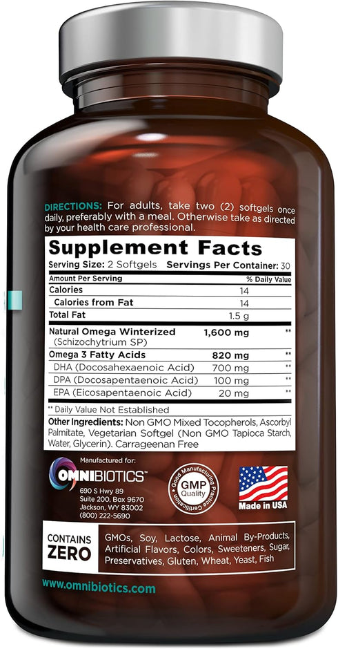 OmniBiotics Vegan Omega 3 DHA EPA Supplement, MD-Certified Prenatal, 60 Vegan Capsules