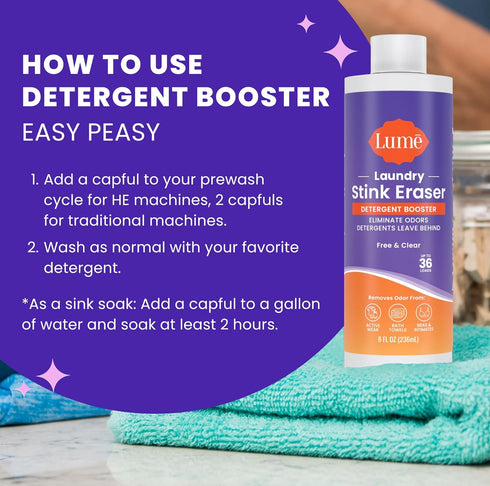 Lume Laundry Stink Eraser - Detergent Booster & Sink Soak, Eliminates Body Odor in Clothes, 8 Fl Oz (2 Pack)