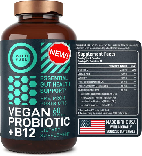 Vegan Probiotic Plus B12 - 22 Billion CFU Synbiotics for IBS, Digestive & Gut Health, Mood Support - 60 Gluten-Free