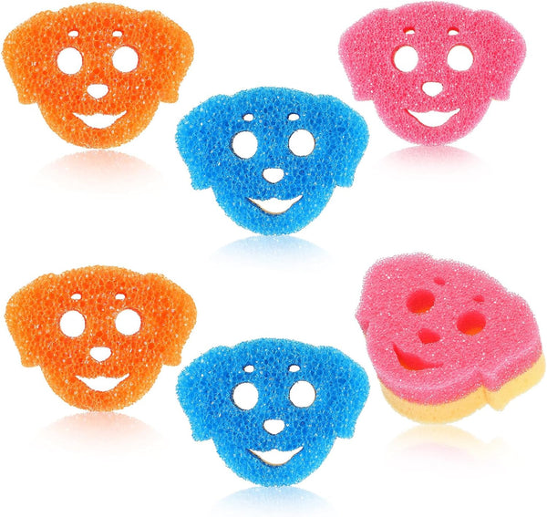 6 Pcs Cute Dog Dual Sided Scrub Sponge - Temperature Sensitive Non-Scratch Sponges for Kitchen, 3 Colors