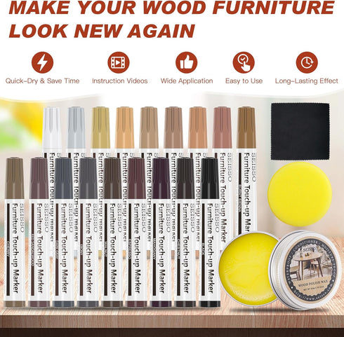 Furniture Repair Kit with 18 Colors Wood Repair Markers Set, Wood Polish Wax, Pens for Scratches, Stains, Tables,
