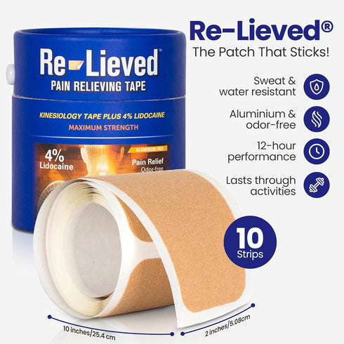 4% Lidocaine Maximum Strength Pain Relief Kinesiology Tape, Relieves Back Pain, Joints, Muscle Pains, 2" x 10" Strips