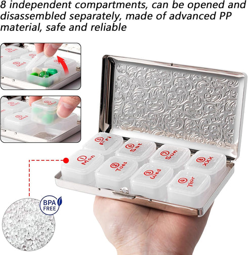 YILUTONGFA 7-Day 8 Portable Metal Pill Case, Featuring CompartmentsPerfect for Travel. BPA-Free. (L-Silver, Large)