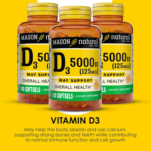 MASON NATURAL Vitamin D3 125 mcg (5000 IU) - Supports Overall Health, Strengthens Bones, 50 Softgels (Pack of 3)