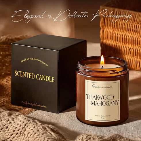 Putart 9oz Mahogany & Teakwood Highly Scented Candles for Home, Natural Soy Aromatherapy Organic Candle with Essential