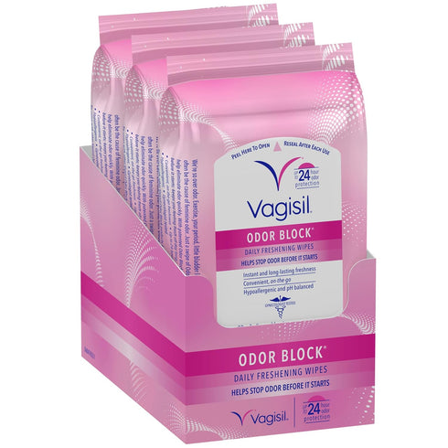 Vagisil Odor Block Daily Freshening Wipes, 20 Wipes in Resealable Pouch, Gynecologist Tested & Hypoallergenic (Pack of