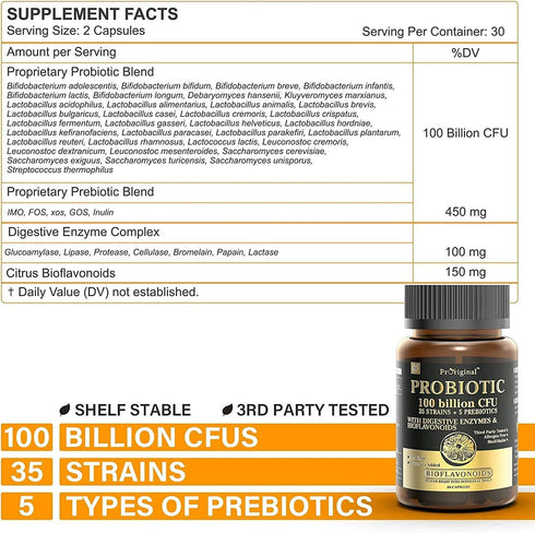 Probiotics with Prebiotics for Men and Women - 120 Capsules, 35 Strains Organic Probiotic 100 Billion CFU for Gut &