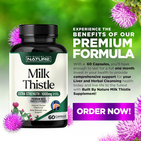 Milk Thistle 1000mg - 60 Veggie Capsules for Liver Detox with Silymarin Extract & Dandelion Root, Non-GMO