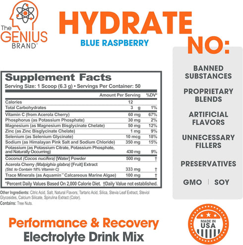Pack 20 Packets The Genius Brand - Genius Hydrate Stick Powder Drink Mix Blue Raspberry Flavor, Natural Electrolyte