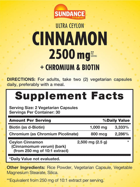 Ceylon Cinnamon Capsules 2500mg | 60 Pills | With Chromium and Biotin | Vegetarian, Non-GMO, and Gluten Free Supplement | By Sundance