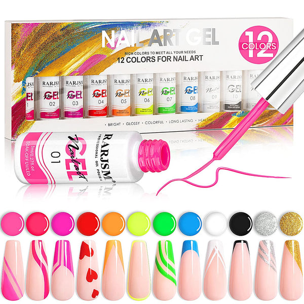 RARJSM Painted Nail Polish Set, 12 Colors Neon Glitter for Nail Art Painting and DIY Manicure Tools