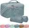 Travel Makeup Bags Cosmetic Organizer: 3-Set Large Capacity PU Leather Toiletry Bag for Women (Light Blue)