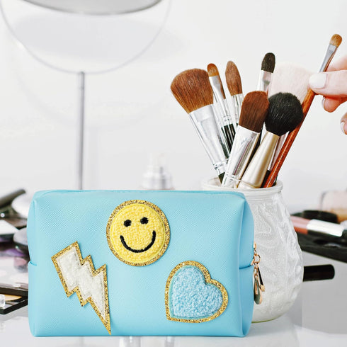 LieToi Preppy Patch Small Toiletry Bag, PU Leather Waterproof Makeup Bag for Women Girls, Canal Blue
