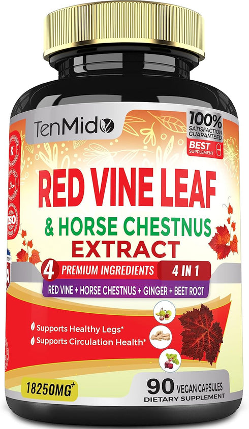 90 Vegan Capsules of 18250mg Red Vine Leaf Extract - with Horse Chestnut, Beet Root, Ginger - Herbal Supplement for