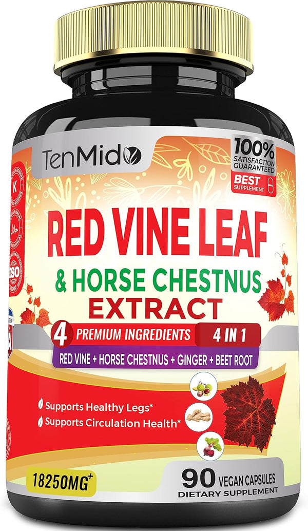 90 Vegan Capsules of 18250mg Red Vine Leaf Extract - with Horse Chestnut, Beet Root, Ginger - Herbal Supplement for