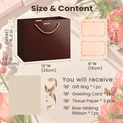 PrintGuru 13 13W 10.2H 4.9D 1 Pack) Large Brown Gift Bag with Tissue Paper and Greeting Card, Paper Gift Bag