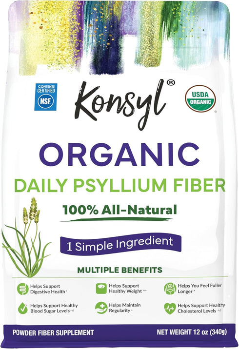 Konsyl Organic Psyllium Husk Powder, 5g Plant Based Soluble Fiber per Serving – USDA Organic, 12 Ounce (Pack of 1)