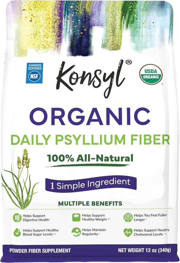 Konsyl Organic Psyllium Husk Powder, 5g Plant Based Soluble Fiber per Serving – USDA Organic, 12 Ounce (Pack of 1)