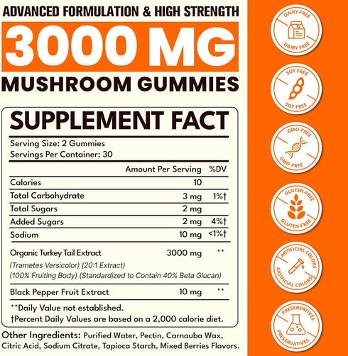 Qazwer (100% 40% Gummies Immune 60ct Turkey Tail Mushroom, Turkey Tail Fruiting Body, Beta Glucans) add Black Pepper