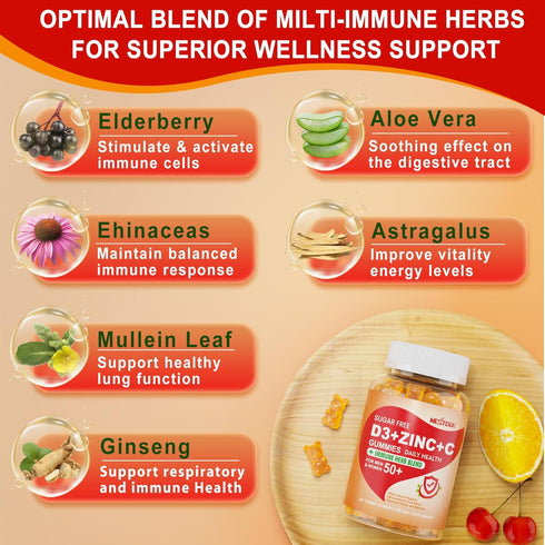 Sugar Free Vitamin C + D3 + Zinc Gummies for Adults 50+, 9 in 1 Immune Defense Supplement with D3 5000IU, Vegan - Pack