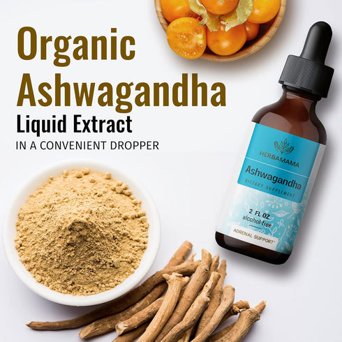HERBAMAMA Ashwagandha Liquid Drops - Organic Ashwagandha Root Tincture, Vegan Liquid Complex, 2 fl oz