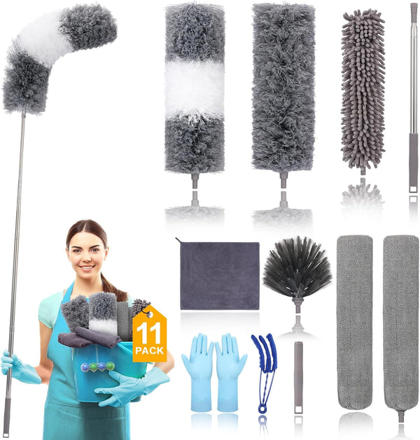 Microfiber Extendable Feather Duster (11pcs) with 100" Extension Pole, Washable & Reusable for Cleaning Ceiling Fans &