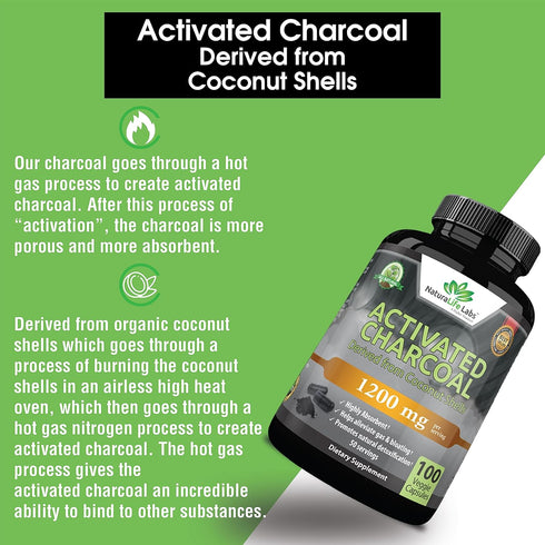 Activated Charcoal Capsules - 1,200 mg Vegan Supplement for Gas & Bloating, Natural Detox from Coconut Shells - 100