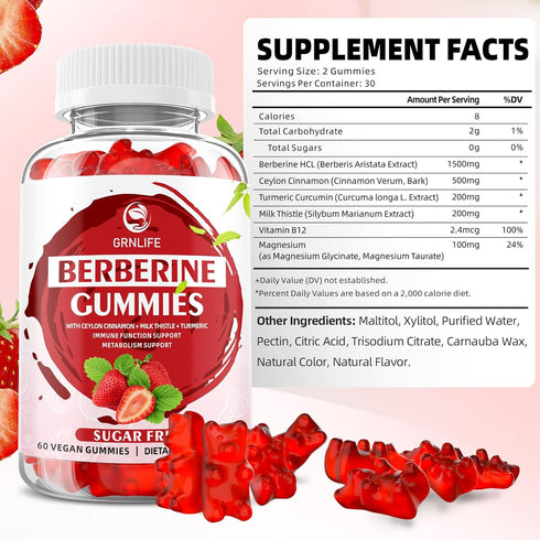 Berberine Gummies with Ceylon Cinnamon 1500mg, High Potency Berberine HCL Supplement for Immune and Metabolism Support