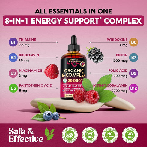 USDA Organic Vitamin B-Complex - B5 Pantothenic Acid, B12 Methylcobalamin, B1 Thiamine, B6 Pyridoxine, B7 Biotin, B9
