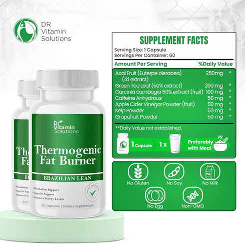Dr Vitamins Thermogenic Fat Burner for Women and Men - Appetite Suppressant for Weight Loss - Includes Green Tea Extracts for Bloat Relief - Metabolism Booster - Pack of 2