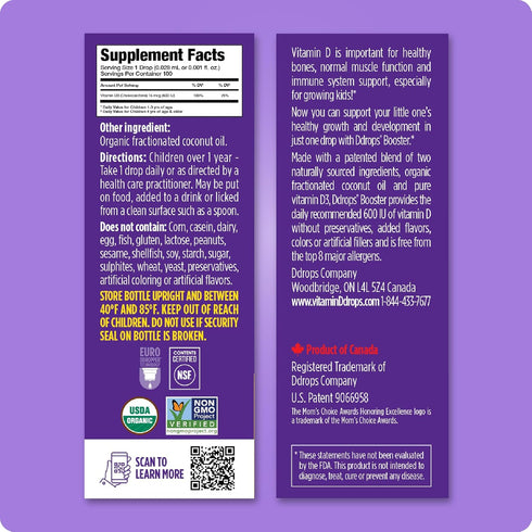 Ddrops Kids Booster 600IU, 100 Drops - Daily Liquid Vitamin D for Kids, No Preservatives, Non-GMO