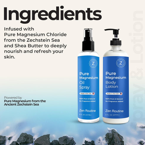 Set Zen Routine Magnesium Spray + Lotion Relaxing & Soothing Body Care for Daily Use Unscented, Non-Greasy, Less Itch
