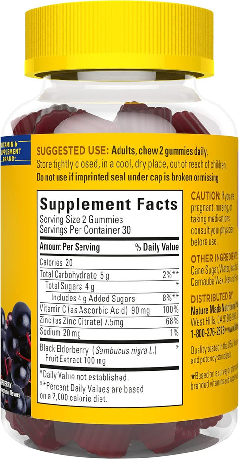 Nature Made Elderberry with Vitamin C and Zinc, 60 Elderberry Gummies, Dietary Supplement for Immune Support