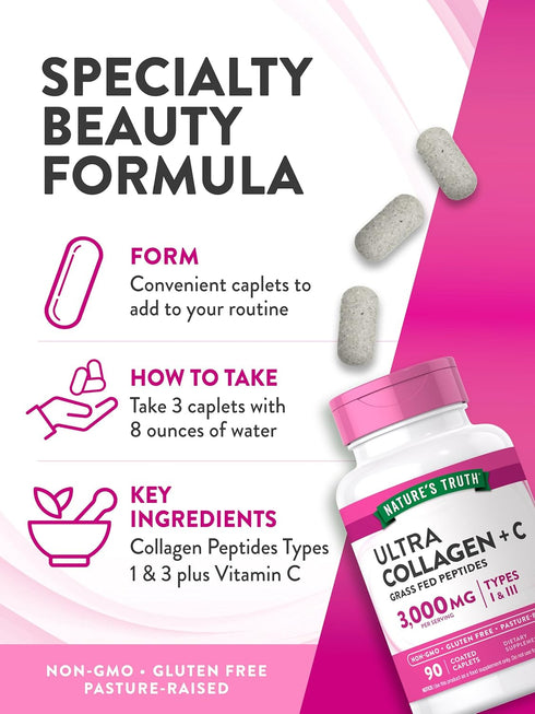 Nature's Truth Hydrolyzed Collagen Peptides - 90 Caplets, Type 1 and 3 with Vitamin C, Grass Fed