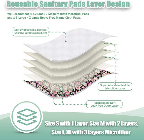 Wegreeco Reusable Menstrual Pads, Soft Cloth Sanitary Pads & Panty Liners, 6 Pack with 1 Cloth Mini Wet Bag (Large)