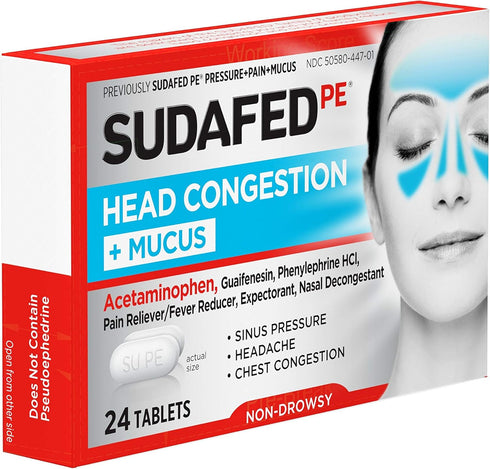 Sudafed PE Head Congestion + Mucus Relief Tablets, 24 ct