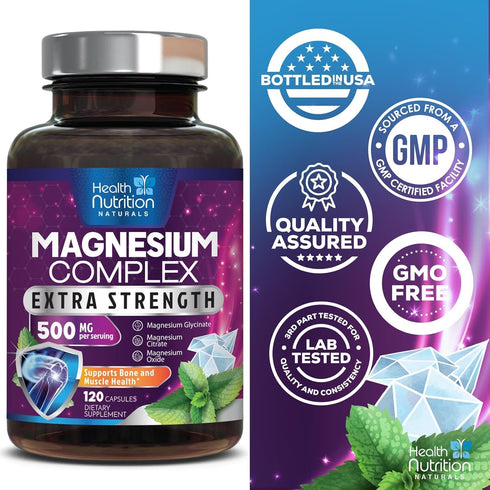 Magnesium Complex Supplement 500mg with Glycinate, Oxide, Malate, Citrate - High Absorption Capsules for Muscle, Heart,