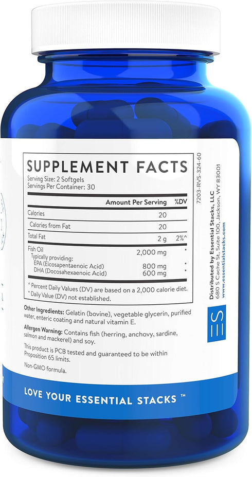 Essential Stacks Smart Omega 3, Burpless Fish Oil, 1400mg EPA DHA Per Serving, Enteric Coated, 60 Capsules