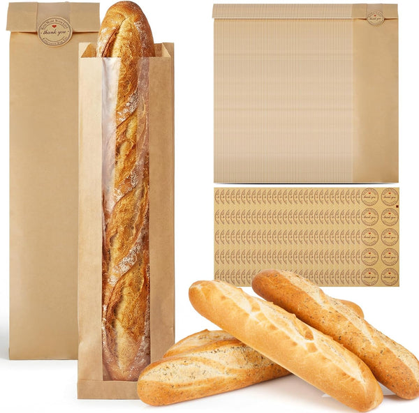 Yuanan 200 PCS Paper Bread Bag with Window, 23.2"X4.3"X1.6" French Bread Bags with